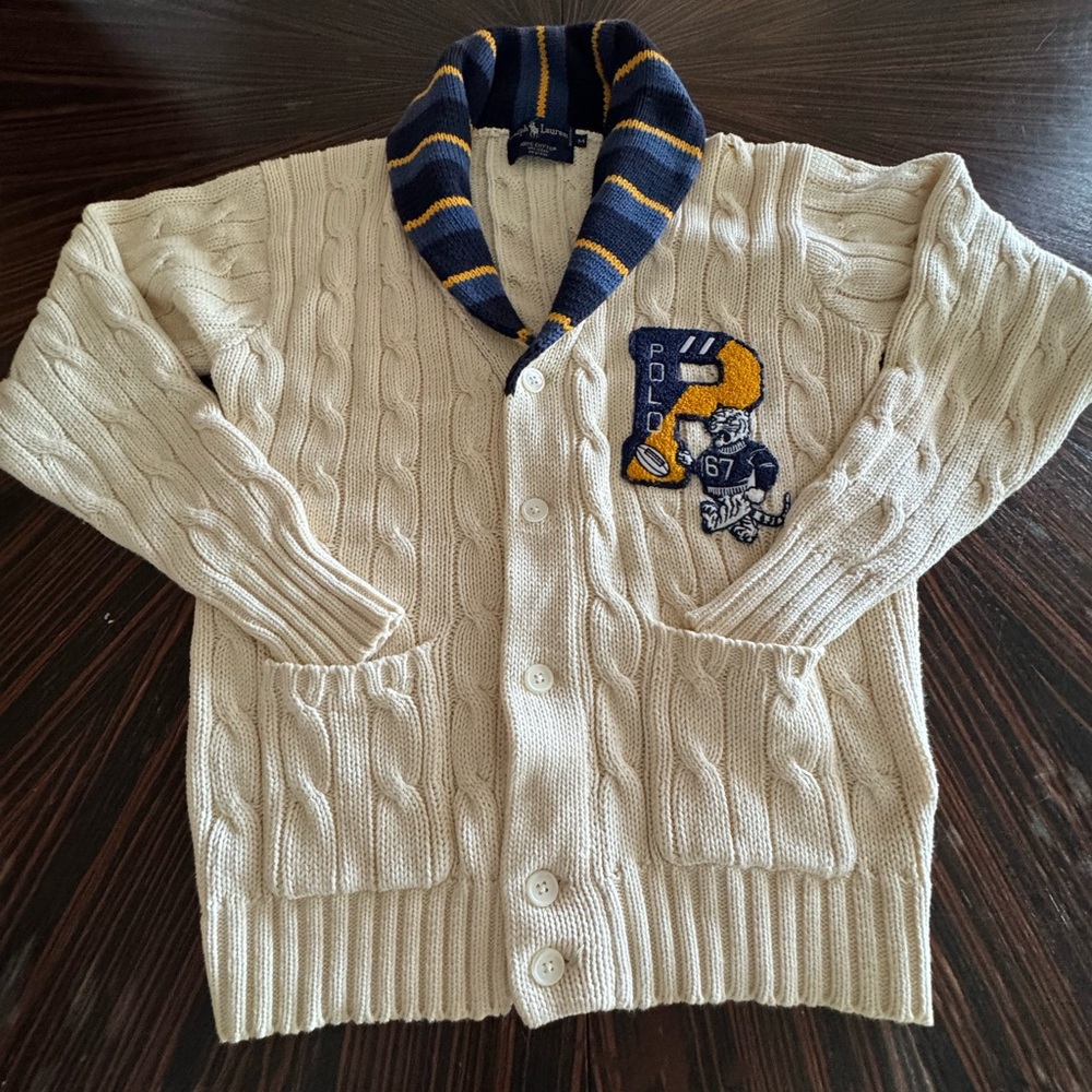 Ralph Lauren Cream cable knit Cardigan with Navy and Yellow Stripes mens medium